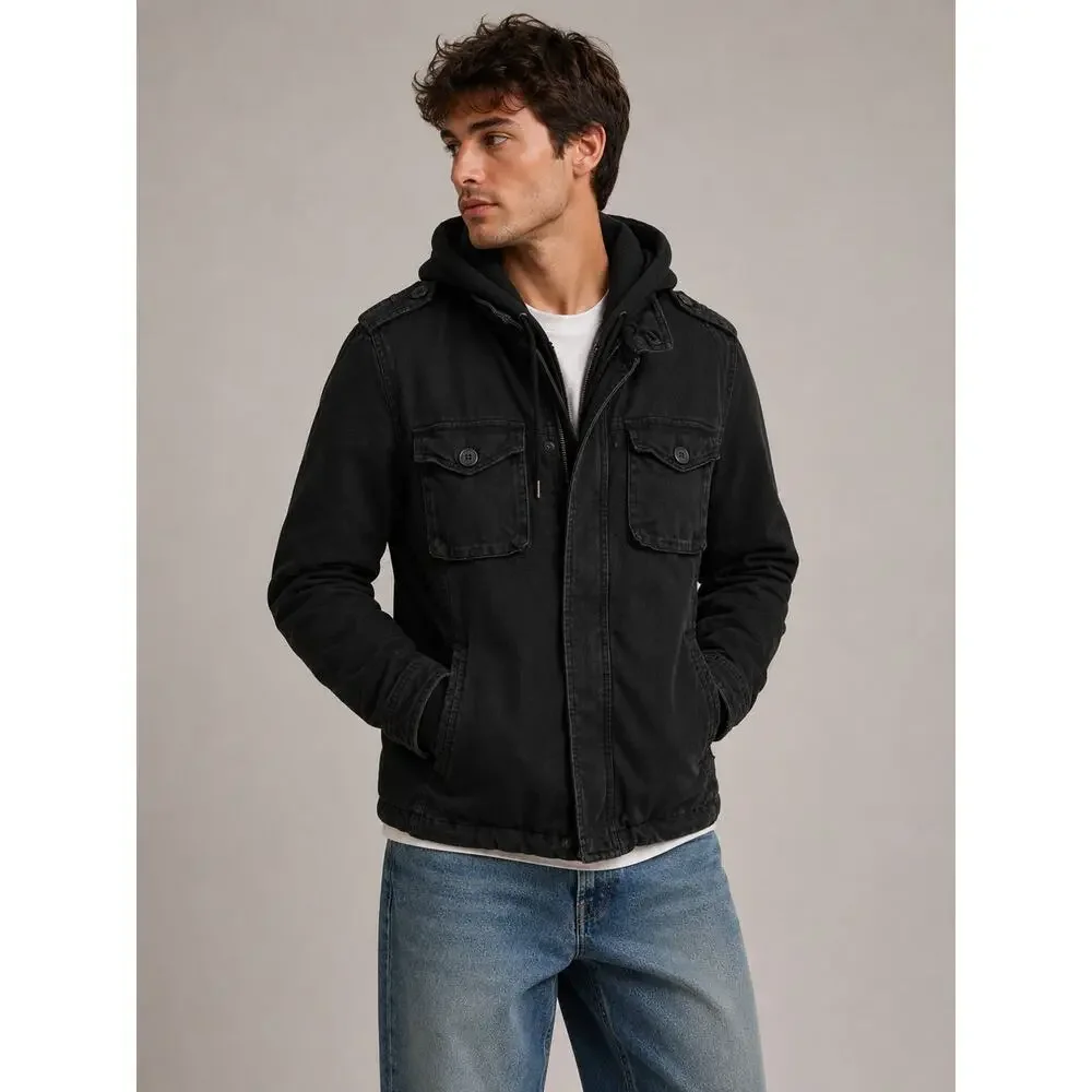 American Eagle Men's Hooded Cargo Utility Jacket - Black - Size M